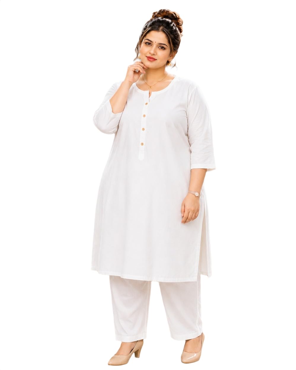 women's kurta and pant set, rayon, a-line, with button detail, regular sleeves, regular fit, hand wash (in, alpha, 6xl, plus, white)