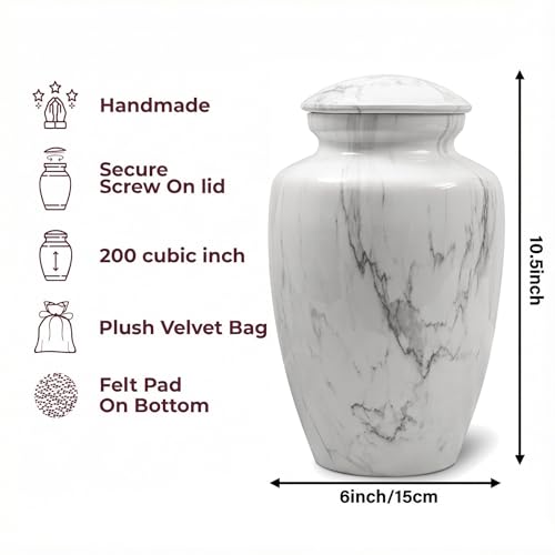 Image of White Marble Finish Urn for Ashes Adult Male Female | Large Cremation Urn for Human Ashes Men and Women,Memorial Urn for Dad /Father /Grandpa /Brother(Includes Velvet Bag)