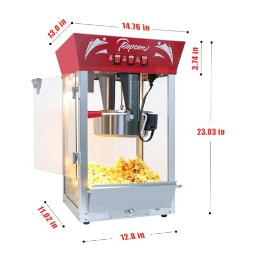 Image of Commercial Popcorn MAKER Machine, 12 Ounce Kettle Stainless Steel Popcorn Maker with Tempered Glass, Warming Deck, 850W Countertop Popcorn Popper for Parties, Events, and Home Theater, Red