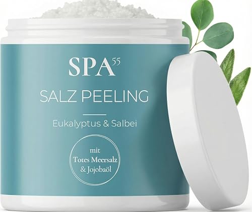 SPA55 Saunasalz Eukalyptus & Salbei Totes Meersalz Körperpeeling mit Jojobaöl Panthenol & Vitamin E | Hautpflege & Regeneration | Duschpeeling & Sauna Peeling Salz Scrub | Geschenk Frau 200 ml