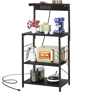 Topfurny Baker‘s Rack with Power Outlet, Microwave Stand Kitchen Storage Shelf, Kitchen Organizer Rack with 5 Hooks, Industrial Coffee Bar Table for Kitchens with Storage, Black