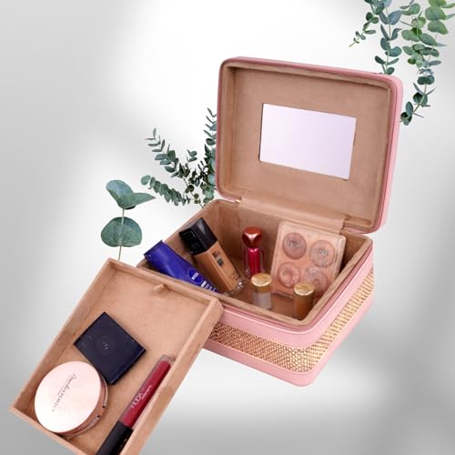 Image of FADAK Faux Leather Cosmetic Makeup for Beauty Case Wedding Makeup Brushes Pouch Tikli Organizer Travel Large Vanity Mirror Box Storage Bag Jewelry Bridal Box (Rani Pink)