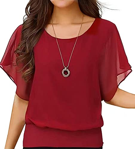 Neineiwu Women's Summer Casual Loose Fit Short Sleeve Round T-Shirt Shirt Chiffon Top Blouse (Red L)