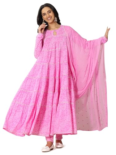 Image of Libas Printed Cotton A-Line Kurta With Churidar and Dupatta