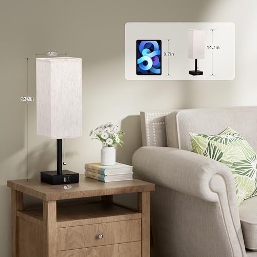 Image of aooshine Pull Chain Small Table Lamp - 3 Color Temperature Bedside Lamp for Bedroom with USB Port, Minimalist Nightstand Lamp with Black Base, Desk Lamp for Kids Room Dorm, Bulb Included | Pull Chain Switch, LED Bulb Included, Cream Fabric Shade, 14.7 inch Small Table Lamp for Nightstand, Desk, Dorm, Office