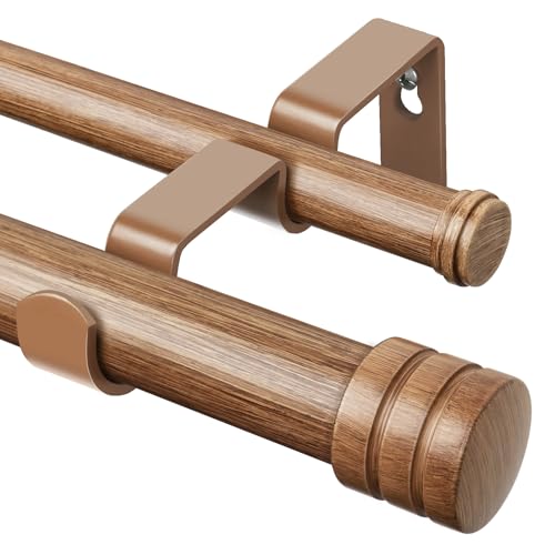 TONIAL 1 Inch Double Curtain Rods for Windows, 140 to 180 Inch, Wood Grain