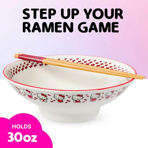 Image of Silver Buffalo Sanrio Hello Kitty Red, Ramen Bowl with Chopsticks, 30oz | Stripes and Bows, Ceramic, Noodle Rice, Microwave Safe, 0.89 Liters