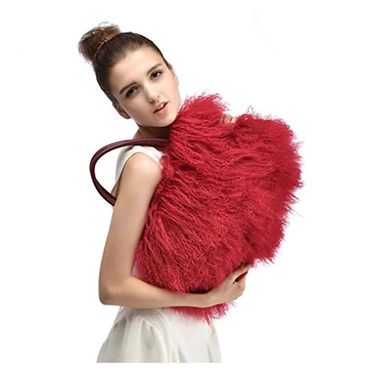 FINILUO Women Luxury Real Lamb Mongolian Flush Wool Fur With Genuine Leather Handles Handbag Red