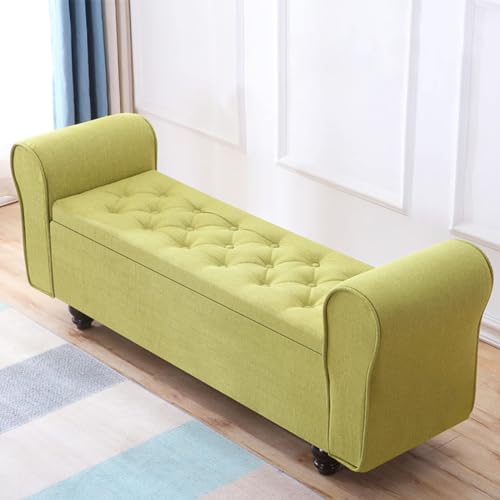 大容量収納オットマン、布張りヴィンテージフットスツール、木製脚、タフテッドリネンデザイン、寝室・リビングルーム用、100x40x40cm、グリーン