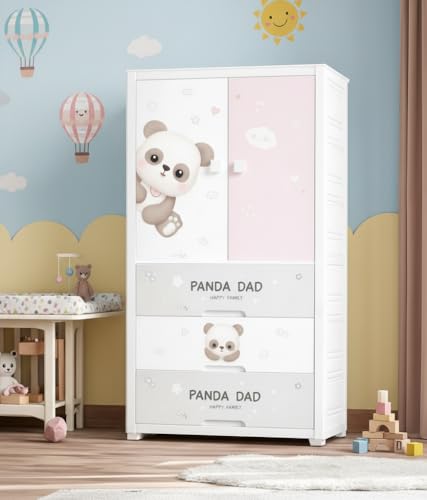 Image of EXVITO Plastic Wardrobe for Cloth with Drawers & Hanging Rod | Baby Cupboard for Clothes Storage | Foldable Collapsible Plastic Almirah for Kids | Cartoon Design Cabinet for Bedroom (Pink, 3 Door)