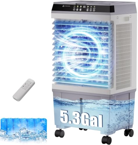 Swamp Cooler,1800CFM Evaporative Cooler with 5.3 Gal Water Tank,6 Ice Boxes,120°Swing,2 Modes&3 Speeds,12H Timer,Air Cooler for Room,Home,Office,Bedroom,Indoor