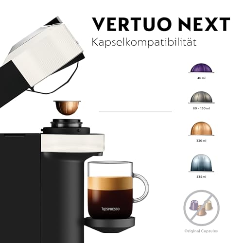 Foto von Nespresso De'Longhi ENV 120.WAE Vertuo Next Kaffeekapselmaschine mit Aeroccino-Milchaufschäumer, weiß