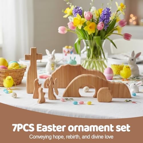 Osterszene Holz Osterkrippe, 7-teiliges Set Ostern Auferstehungsszene Auferstehung Holzdekoration, Handgefertigte Jesus Krippe Szene Dekorationen für Zuhause und Büro, Christliche Bastelarbeiten