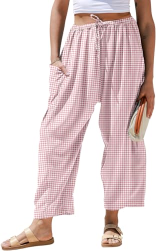 TARSE Boho Linen Palazzo Pants (Bean Paste White Plaid)
