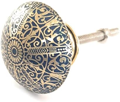 Set of 6 Brass Knobs by French Furniture Fittings - Kitchen Cabinet Pull knobs, Cupboard, Chest, Furniture, Drawer Handles - Dark Blue Brass Patterned KNOBS - Vintage Shabby Chic 36 mm by FFF