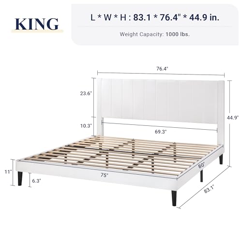 Image of Allewie King Bed Frame /Velvet Upholstered Bed Frame with Vertical Channel Tufted Headboard /Strong Wooden Slats /Platform Bed Frame /Mattress Foundation /Box Spring Optional /Easy Assembly /White