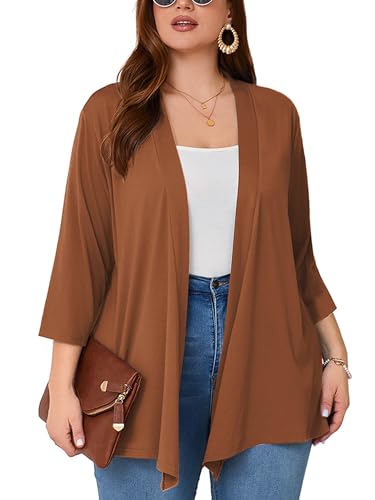 Image of AusLook Women's Plus Size Lightweight Open Front Cardigan 3 /4 Sleeve Cover Ups Shrugs Shawls and Wraps Kimono Jacket Coat