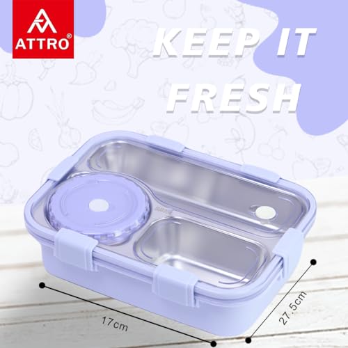 Image of ATTRO Lunch Pro Deluxe 3 Lunch Box with Detachable Inner Steel Compartments, Spoon, one Small Container, Heating Water Insulation Design, Foodgrade, Leakproof -750ml Purple