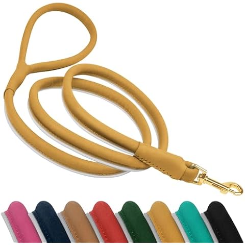 OOPSDOGGY Reflective Rolled Leather Dog Leash 6ft - Soft Leather Dog Lead for Small Medium Large Dogs Puppy - Heavy Duty Rope Dog Leash for Outdoor Training Walking Running (Camel, Medium/Large) Cover