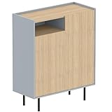 Le meuble à chaussures Anjes est fabriqué en panneaux de particules mélaminés gris céladon et finition chêne clair. L'armoire se compose de 2 portes battantes, 1 compartiment ouvert et 4 étagères.