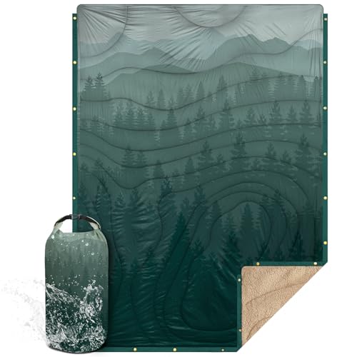 Outdoor Camping Blanket with Sherpa Lining, Extra Warm Thick Camp Blankets and Puffy Ultralight Soft Poncho DWR Camping Quilt for Cold Weather, Adventure, Sleeping, Backpacking 78″x 56″