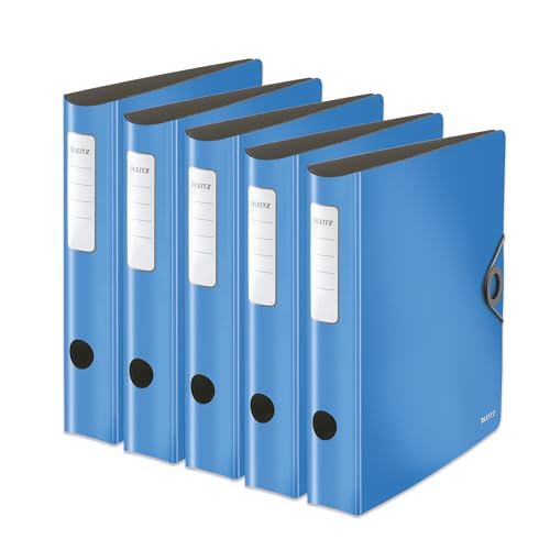 Leitz Qualitäts-Ordner 180° Active Solid, 5er Pack, A4, Schmal, Abgerundeter Rücken, 6,5 cm breit, Gummibandverschluss, Leichtes Polyfoam, Plastik-Ordner, Hellblau, 10481030