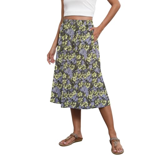 Witsmile Floral Skirts for Women Midi Length Elastic Waist A-Line Skirt with Pockets for Women 2025 Trendy(FP Cluster Purple,L)