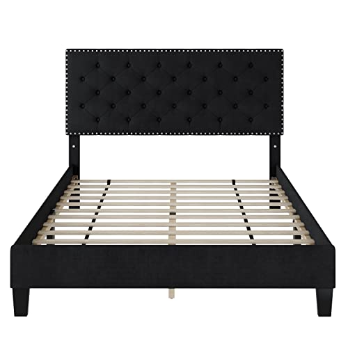 Hostack Queen Size Bed Frame, Modern Upholstered Platform Bed With Adjustable Headboard, Heavy Duty Button Tufted Bed Frame With Wood Slat Support, Easy Assembly, No Box Spring Needed(Black, Queen) #TOP6