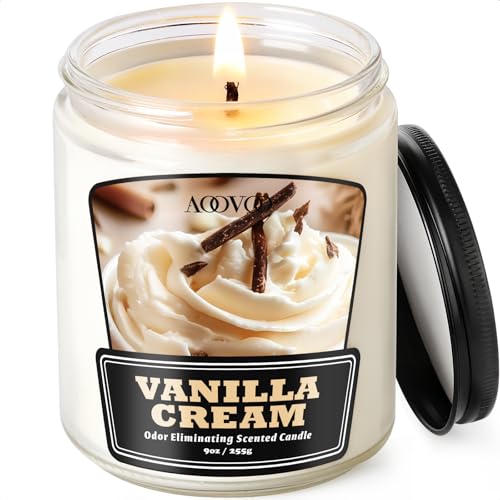 AOOVOO Vanilla Cream Odor Eliminating Candle - 9 oz Non Toxic Highly Fragranced Air Freshing Soy Candle Eliminates 95% of Smoke Pet Food and Other Smells Quickly Up to 50 Hours Burn time