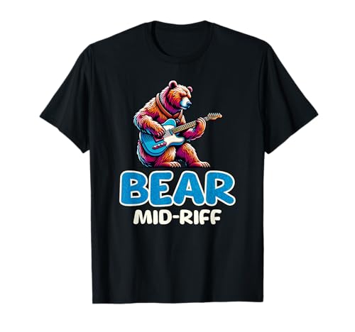 Bear Mid-Riff Bear Tocando Guitarra Eléctrica Divertido Camiseta