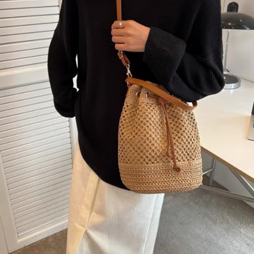 Straw Bucket Bag, Straw Shoulder Bag, Bucket Purse, Strap Beach Wicker Purse Drawstring Closure, Woven Crossbody Bag for Women Vacation, Green2