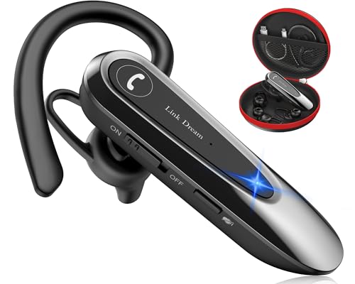 Link Dream Bluetooth Earpiece Wireless CVC8.0 Headset for Cell Phone Dual Mic Noise Canceling Earpiece Phone with Mute Key 20H Talk 180 Days Standby for iPhone Android Home Office Driving (1 Pack)