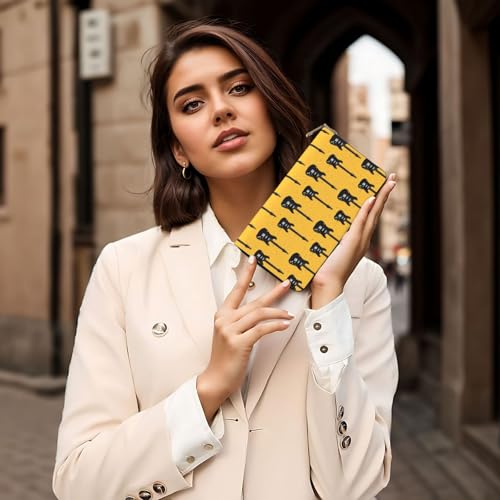 Leather Thin Slim Wallets for Women & Men - Vintage Guitar Black Print Card Wallet Holder with Zipper 6