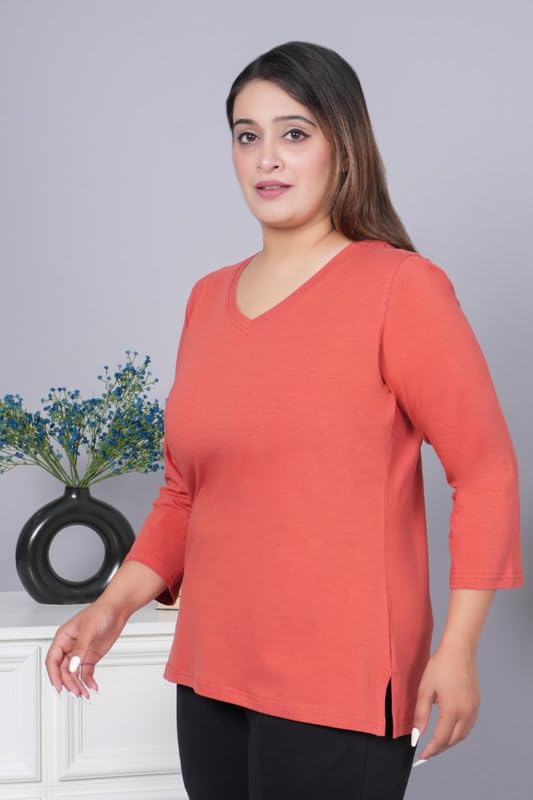 Image of Mlada V-Neck Cotton 3 /4th Sleeves Tshirt for Women | Stretchable Regualr Fit Solid Cotton Tshirts | Casual 3 /4th Sleeves Tshirts for Women Office Wear | Solid Round Neck Tshirt
