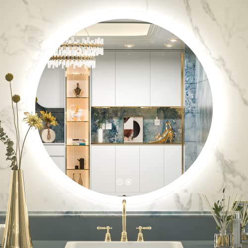 TokeShimi 32 Inch LED Round Bathroom Mirror, CRI 90+, 6000K, Anti-Fog Wall Mounted Circle Vanity Mirror Large Dimmable Lighted Makeup Mirror with Memory Function