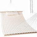 Lazy Daze Hammocks 12 FT Double Quilted Fabric Hammock with Spreader Bars and Detachable Pillow, 2 Person Hammock for Outdoor Patio Backyard Poolside, 450 LBS Weight Capacity, Natural