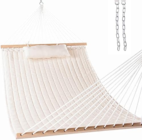 Lazy Daze 12 FT Double Quilted Fabric Hammock with Spreader Bars and Detachable Pillow, 2 Person Hammock for Outdoor Patio Backyard Poolside, 450 LBS Weight Capacity, Dark Cream
