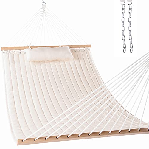 Lazy Daze Hammocks 12 FT Double Quilted Fabric Hammock with Spreader Bar and Detachable Pillow, 2 Person Hammock for Outdoor Patio Backyard Poolside, 450lbs Weight Capacity, Natural by Lazy Daze Hammocks - Used condition - US$63.07