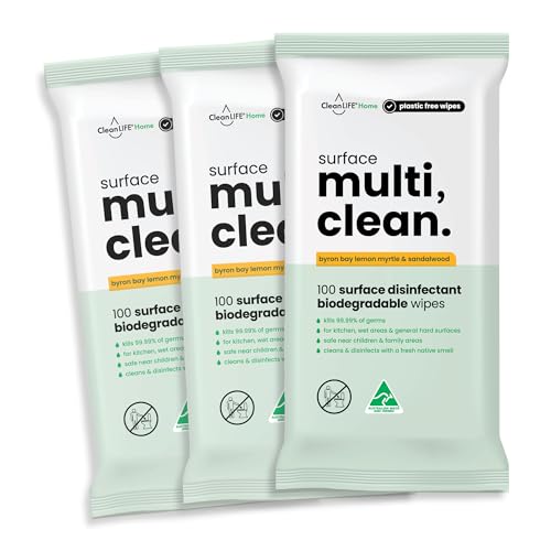 CleanLIFE Surface Multi Clean Wipes – Lemon Myrtle & Sandalwood Scent, Biodegradable, Antibacterial, Plastic-Free, 100 Wipes, 3-Packs