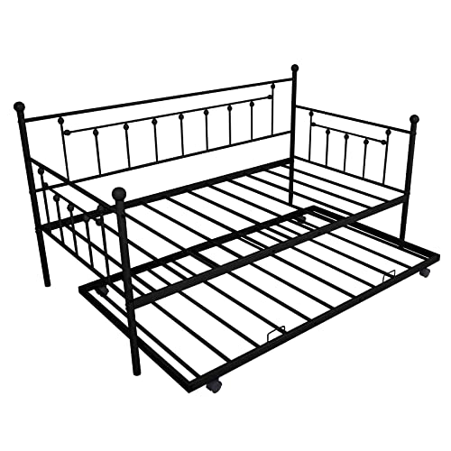 Twin Daybed With Trundle, Metal Daybed With Pullout Trundle Bed, Heavy Duty Steel Slat Support Twin Day Bed Sofa Bed Frame For Adults Kids Teens Bedroom, Guest Room, No Spring Box Needed #TOP4