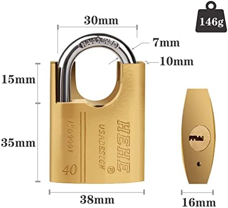 Heavy Duty Padlock High Security Brass Closed Shackle Padlock with 4 Keys Used for Warehouse, Container, Garage, Shutter, Storage Units, Sheds, Garages, Fences (40mm)