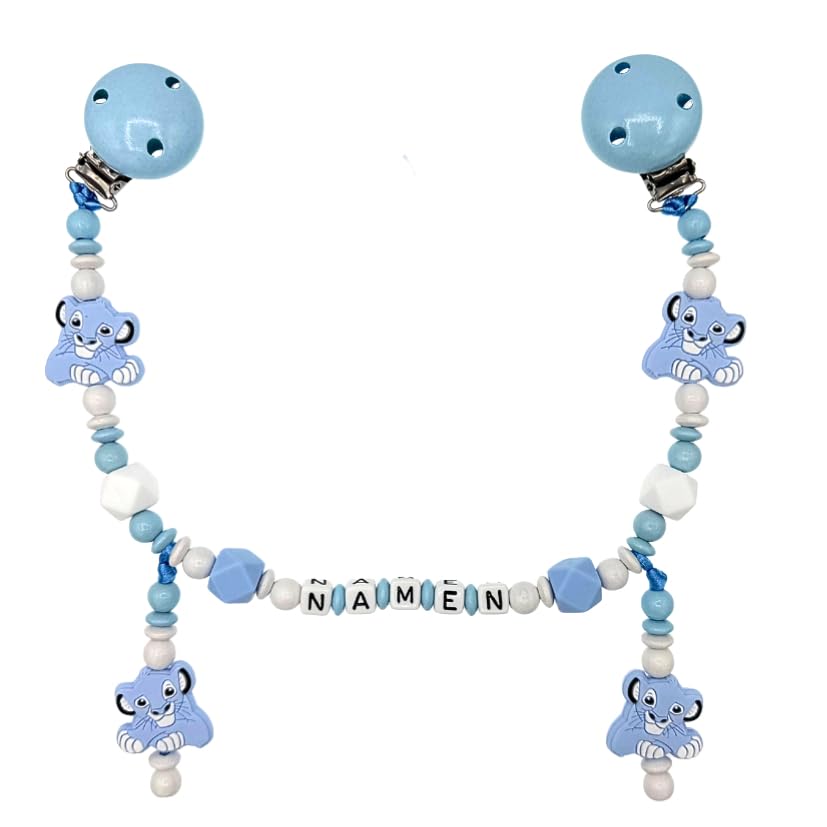 Set Nuckelkette + Kinderwagenkette mit Namen " LÖWE " Babyblau Weiß/Baby/Unisex/Personalisiert/HANDMADE
