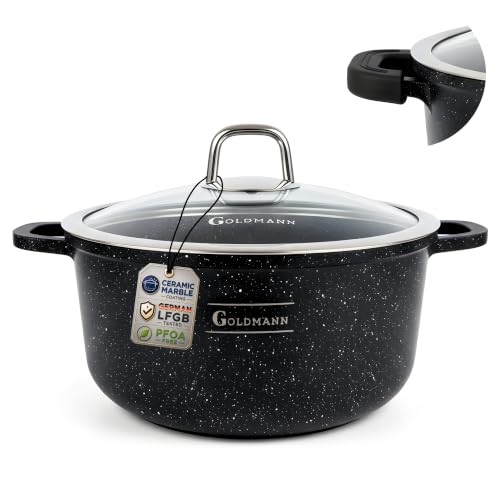 GOLDMANN en cocotte aluminium, 28 cm - 6.5 L, revêtement antiadhésif en céramique effet marbre, couvercle en verre, compatible induction et tous feux, passe...
