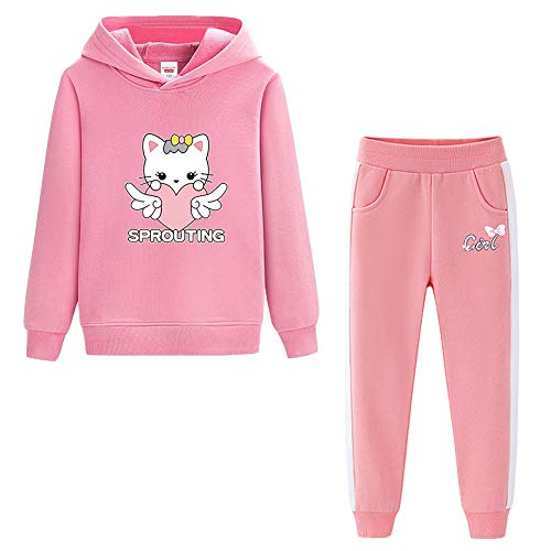LSHDCER Survêtement Enfant Fille Ensmeble d'Entraînement 2pcs(Sweat à Capuche + Pantalons de Sport) Costume Jogging pour Printemps Automne, Rose + Rose, 100/2-3 Ans Cover