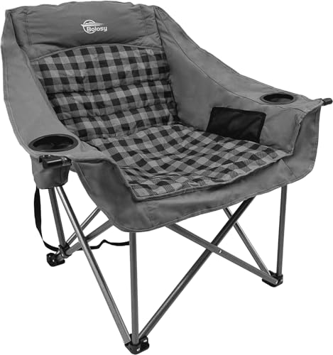 Bolosy Oversized Camping Chairs for Adults Heavy Duty Padded Portable Lawn Chairs Outdoor Folding Chairs XL Camp Chairs with Cup Holder Suproot 500 lbs Gray Plaid