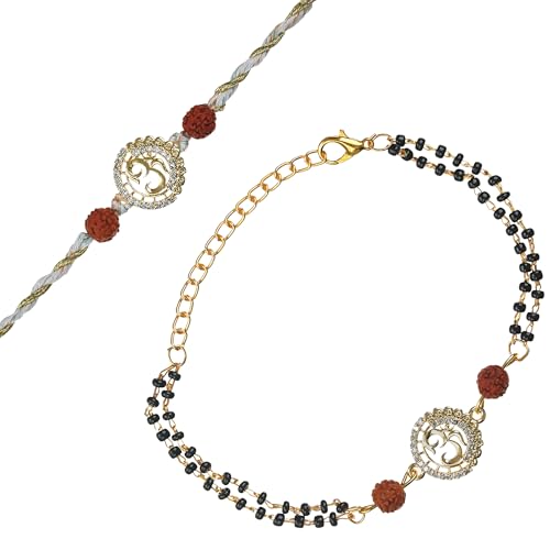 Image of eCraftIndia Om Rudraksha Designer Bhaiya Bhabhi Rakhis with Best Bro Ever Fridge Magnet | Set of 2 Rakhi for Brother and Bhabhi | Lumba Rakhi | Roli Chawal Pack