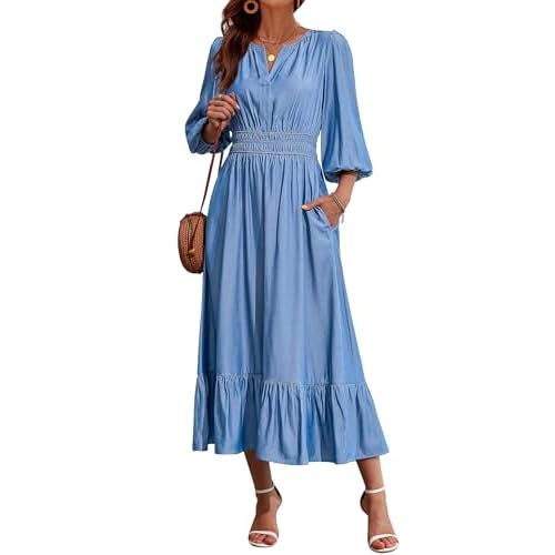 Eddoyee Women's Casual Maxi Dress with Pockets V Neck Midi Dresses Elbow Sleeve Elastic Waist Tiered Trendy Fall Outfits 2025 Light Blue Medium
