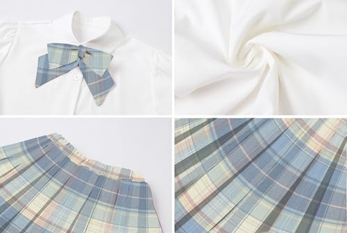 Image of Betusline Girls Skirt Set JK School Uniform 2-Piece Outfit - Short Sleeve Shirt with Bow & Pleated Skirt 4T-14Y