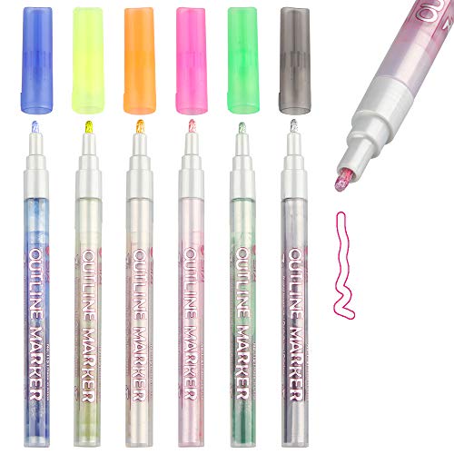 Self-outline Markers Metallic Pens, 6 Colors Tomorotec 2mm Nylon Tip STA Double Line Pen Journal Pens Colored Permanent Marker Pens for Kids, llustration Coloring Sketching Card Make