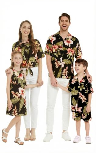 Image of Family Matching Hawaiian Clothes, Black Rafelsia | Lightweight 100% rayon • Family matching outfits • Beach vacations • Luaus • Cruises • Family photos